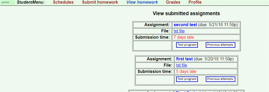 View Homework with ProgramTest and LogView buttons